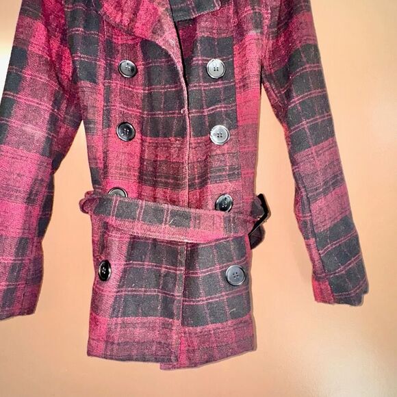 Bongo Women's Double Breasted Red Plaid Button Pea Coat - Size Small - Picture 8 of 10